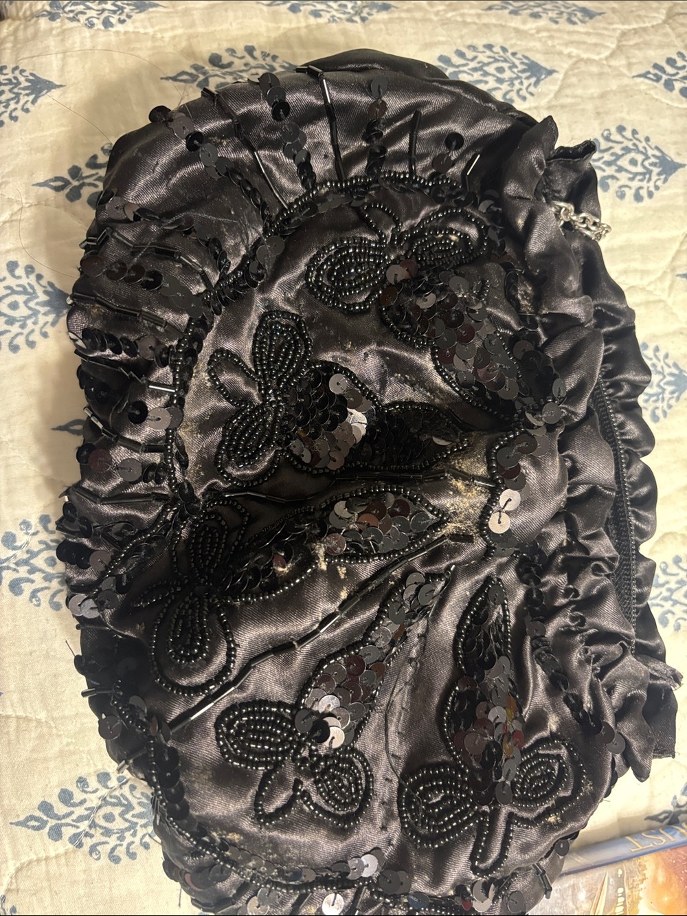 H&M Black Satin Sequin & Beaded Evening Clutch